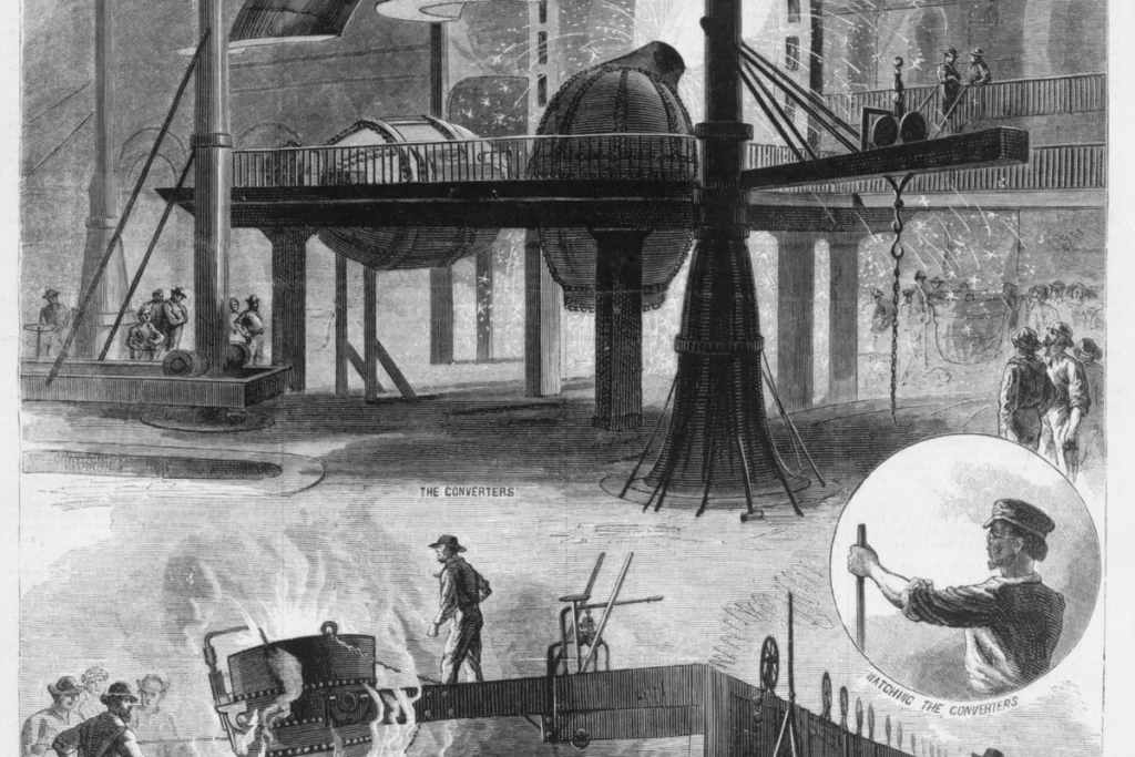 Artists rendering of the inside of a industrial revolution era steel mill