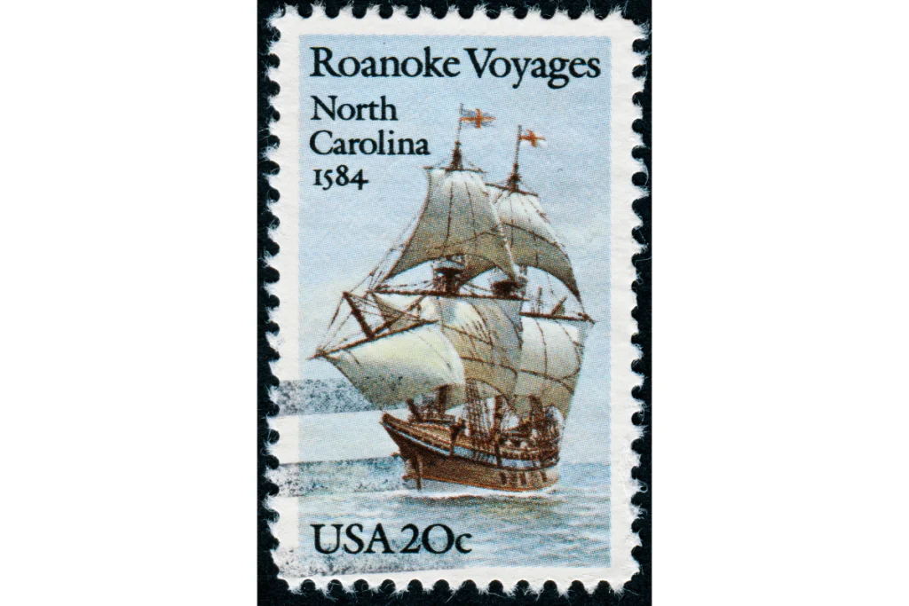 Image of a stamp commemorating the voyages that established the Roanoke colony in North Carolina