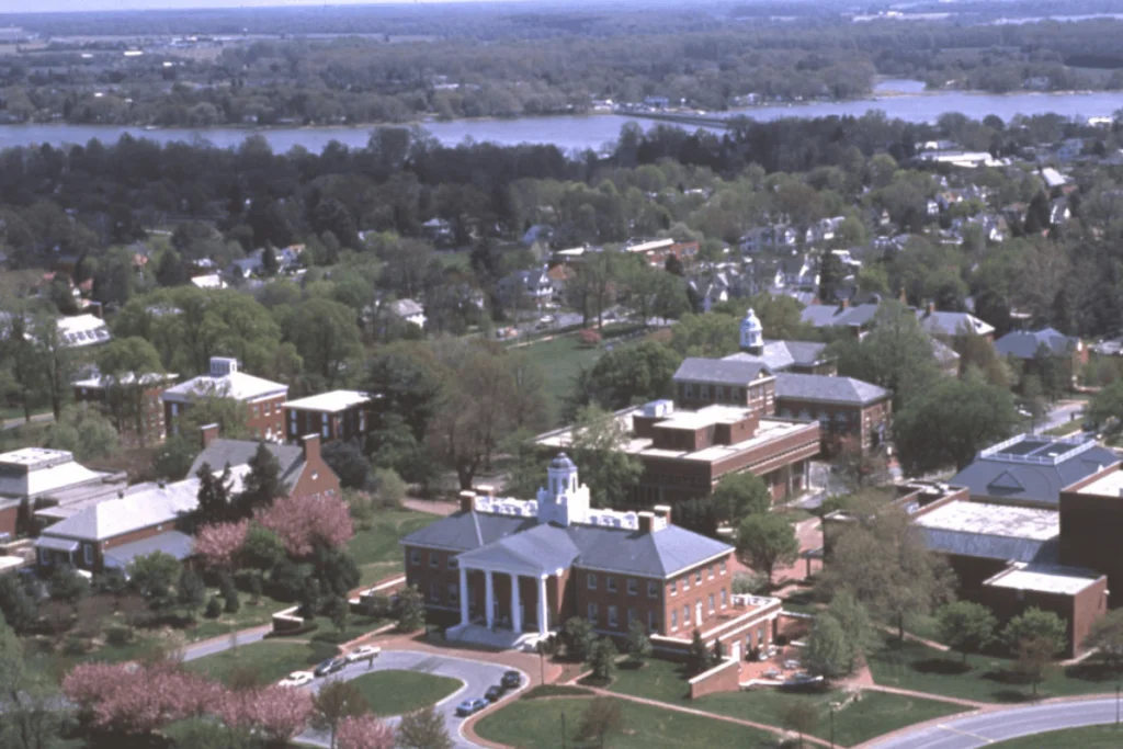 Image of Washington College's campus from the air