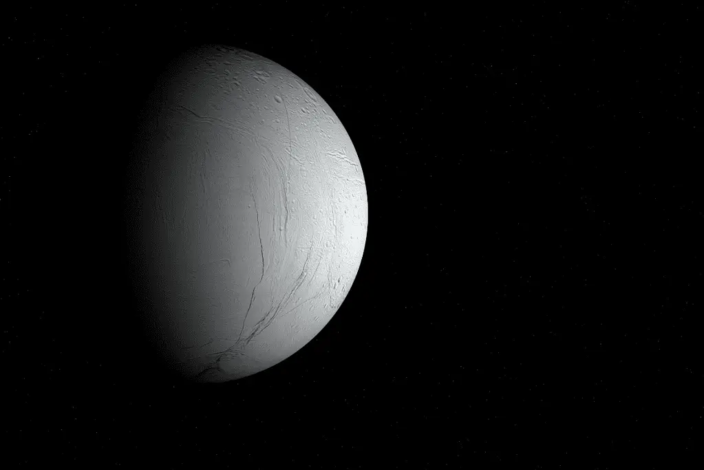 Image of Enceladus, home to one of the 7 Wonders of the Solar System, the Enceladus water vapor geysers