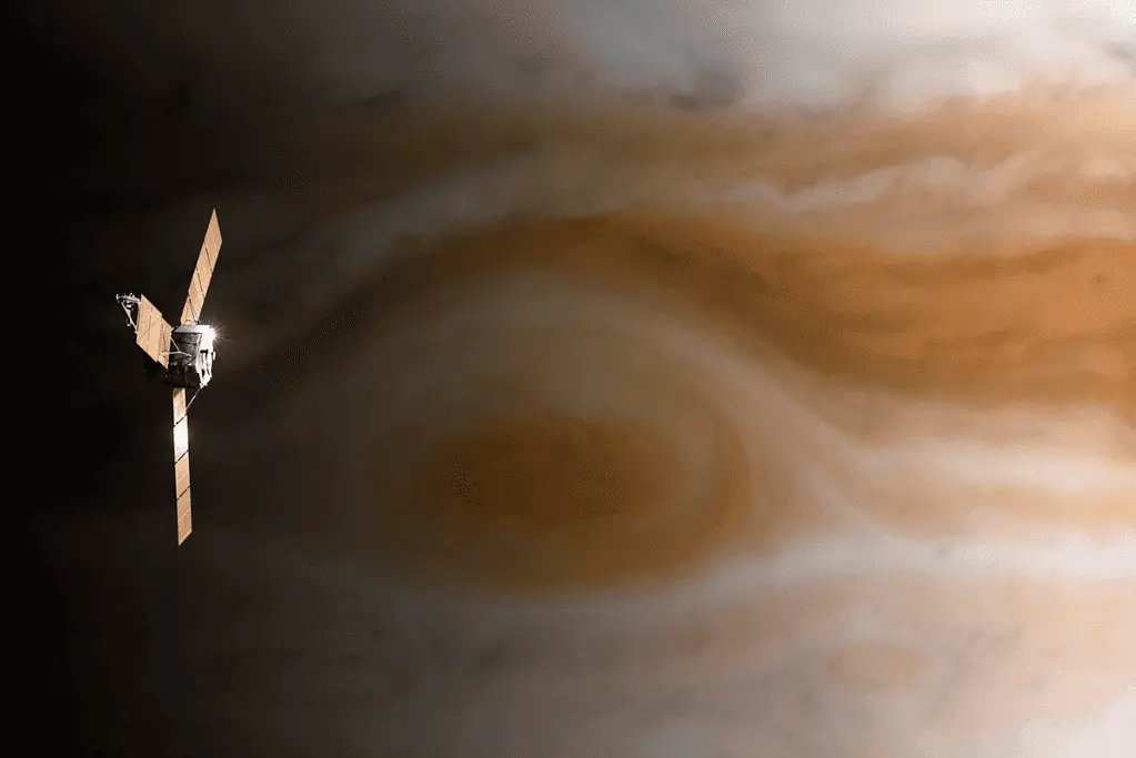 Image simulation of the Juno orbiter passing over Jupiter's great red spot, one of the 7 Wonders of the Solar System