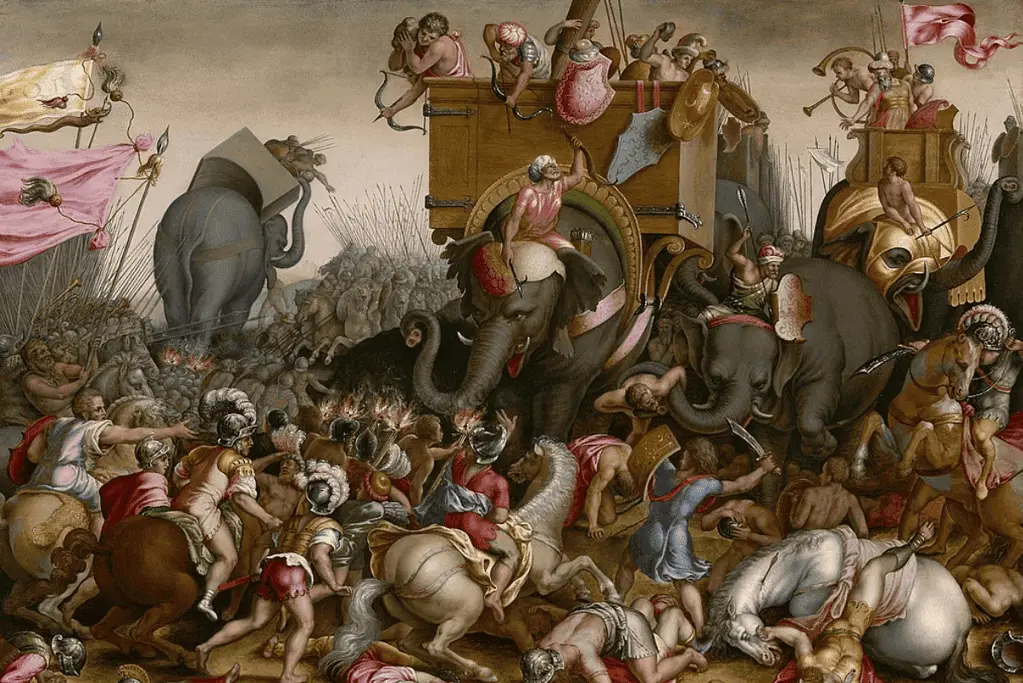 Image of a 17th century artist's rendition of the ancient Battle of Zama, fought by Rome and Carthage