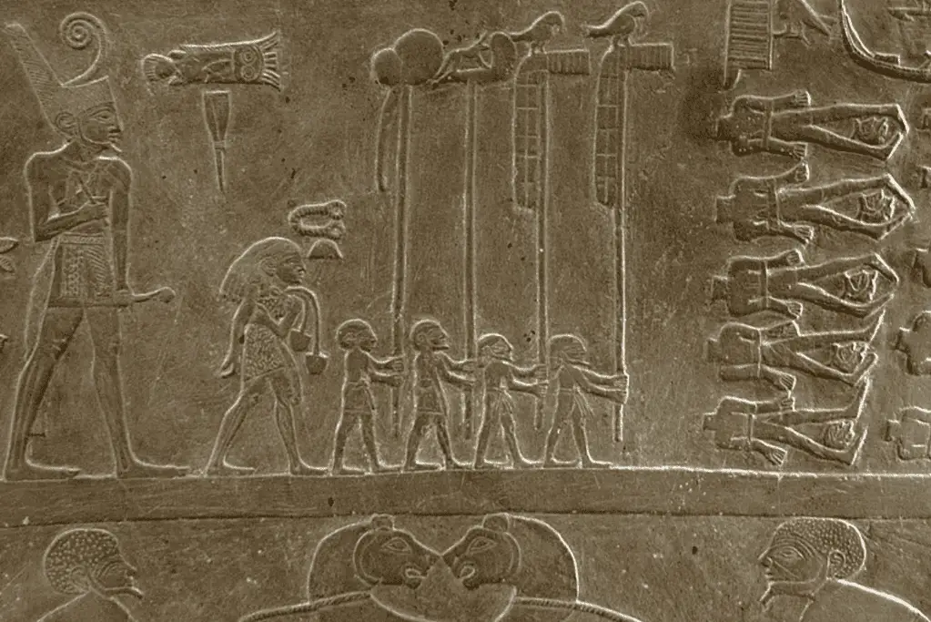 Image of the Narmer Palette depicting scenes of the unification and ceremonies involving the pharaohs of ancient Egypt.
