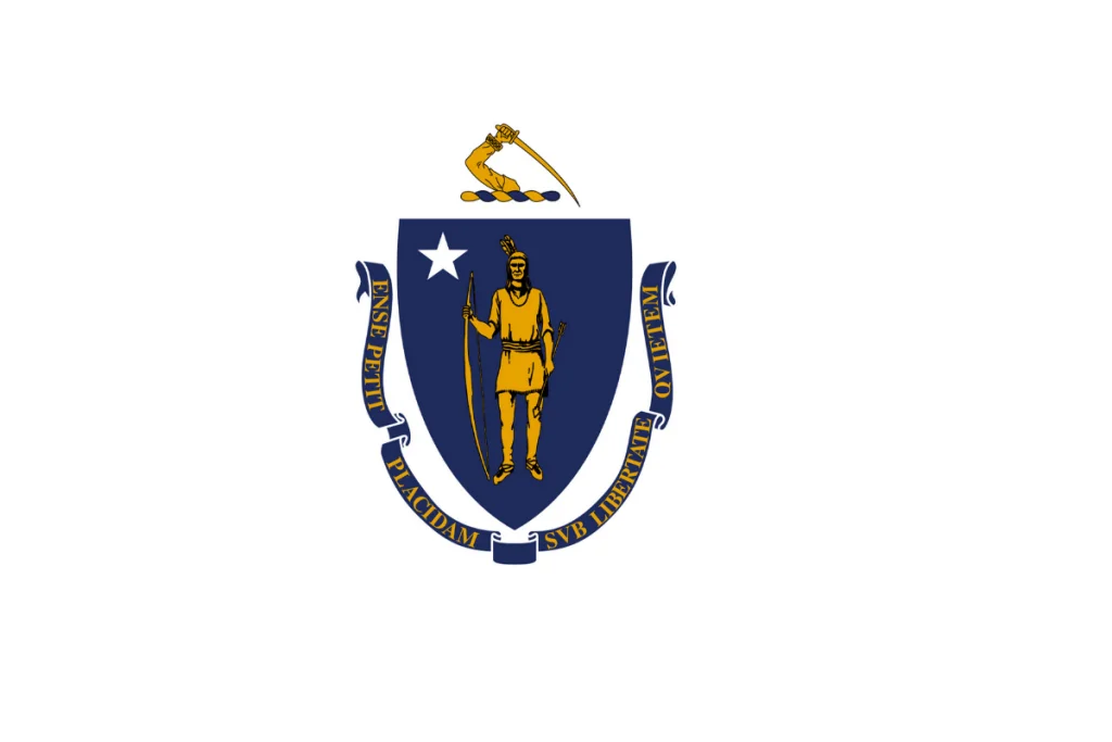 Image of the state flag of Massachusetts, a state tied for 3rd with New York for presidential birthplaces