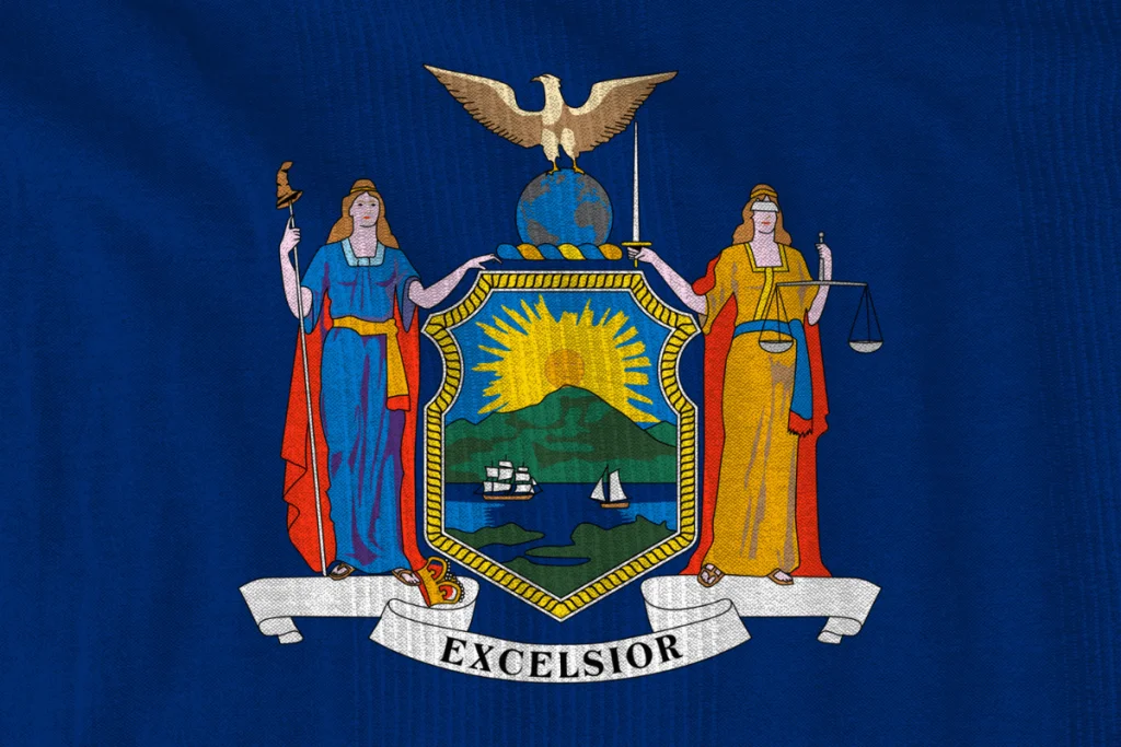 Image of the state flag of New York, the state with the third most presidential birthplaces