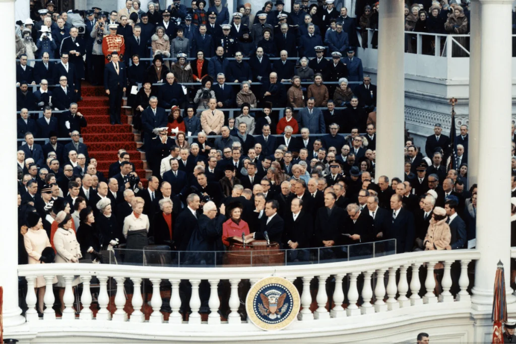 Image of U.S. President Richard Nixon being sworn in during his inauguration