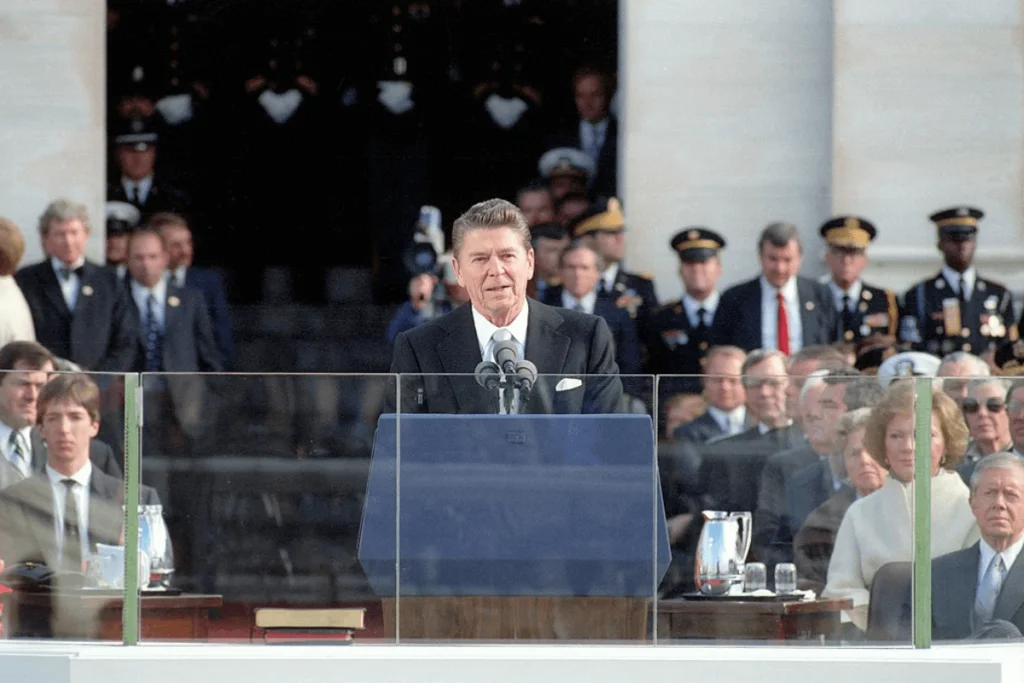Image of U.S. President Ronald Reagan delivering his inaugural address