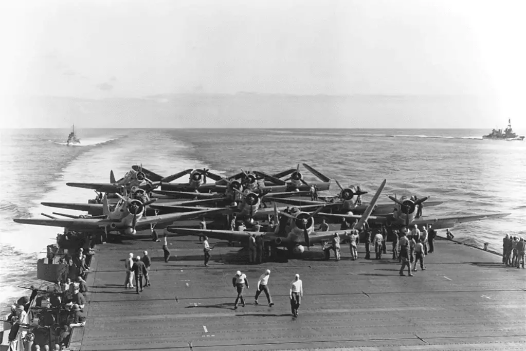 Image of U.S. Navy F6F Hellcat fighters aboard the carrier Enterprise