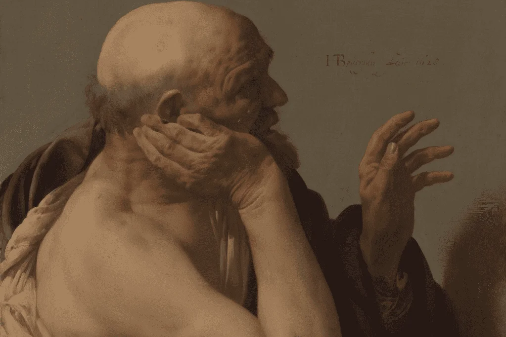 Image of an oil painting depicting Heraclitus in thoughtful expression.