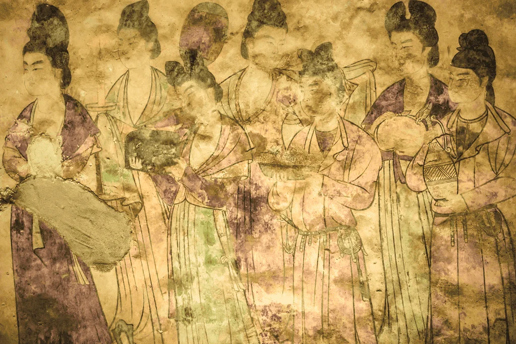 Image of a wall fresco from the tomb of Yuan Dynasty Princess Zhang Le depicts a group of elegantly dressed women.