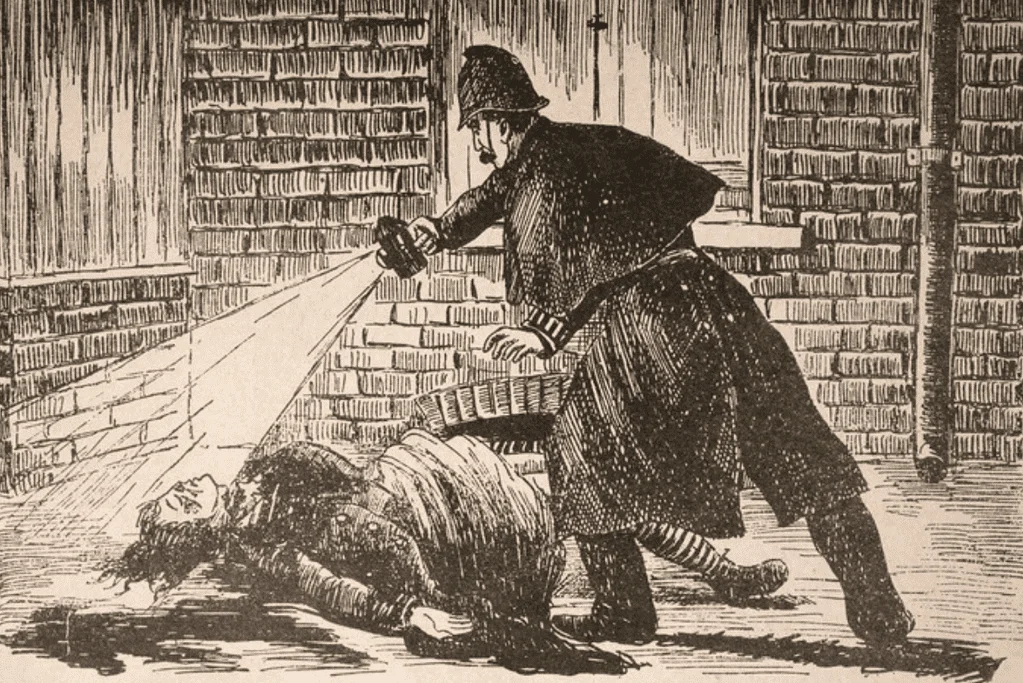 Image of a monochrome drawing of a 19th-century London constable, lantern in hand, revealing the lifeless form of a woman, evoking the shadowy terror Jack the Ripper cast over the city.
