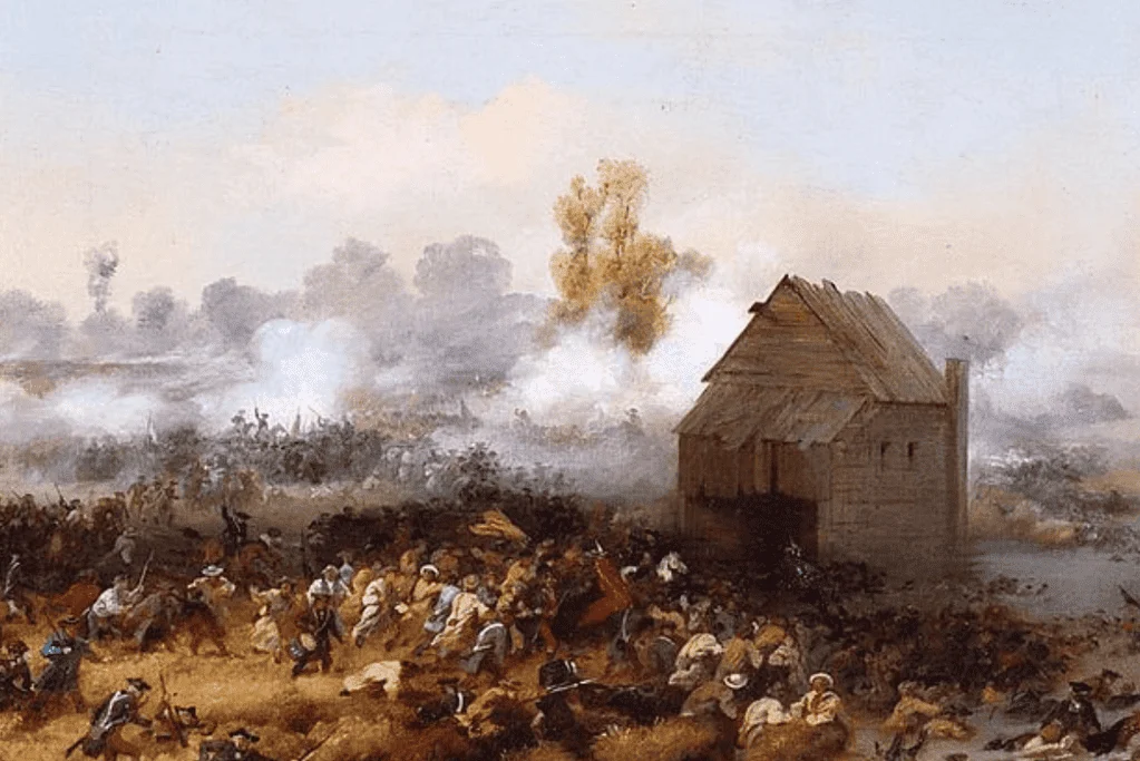 Image of an artistic representation of the Battle of Long Island, showcasing troops in combat that marked this crucial event in the American Revolution.