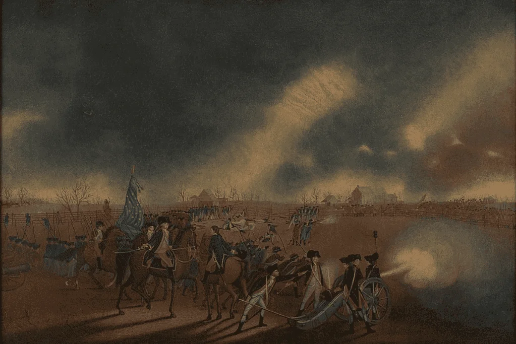Image of an artistic rendition of the Battle of Princeton, capturing the intensity and strategic moves of both sides during one of the most historically significant battles of the American Revolution.