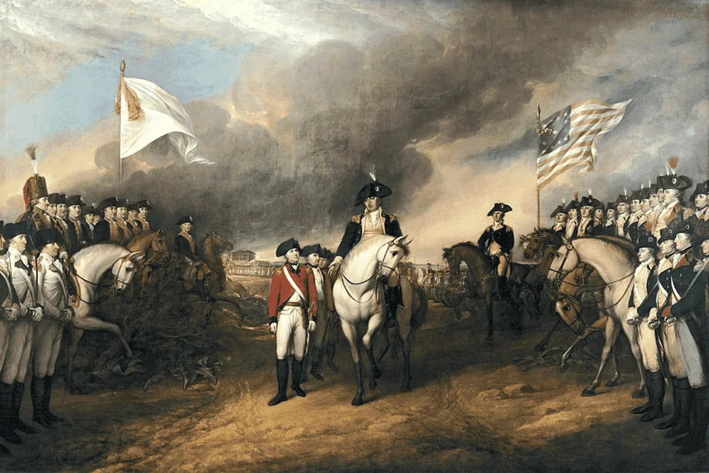 Image of an artist's depiction of General Cornwallis handing over his sword, symbolizing the British surrender after the intense Siege of Yorktown.