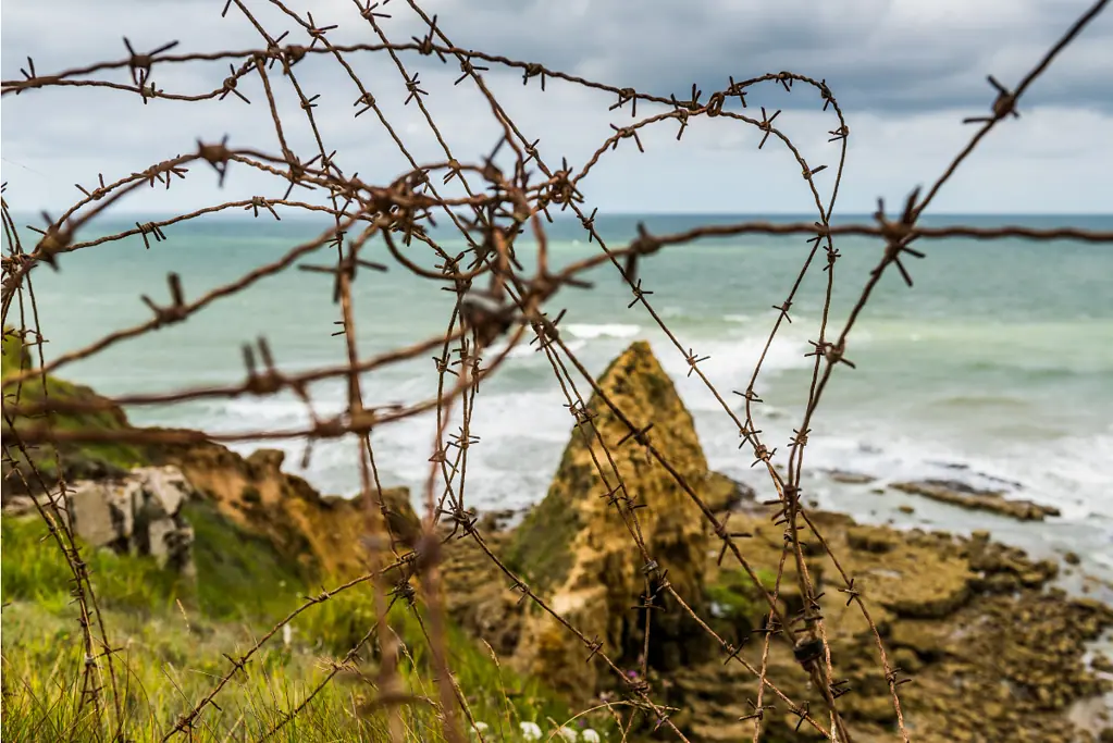 Image of barbed wire still in place at a Normandy Beach over 80 years later.