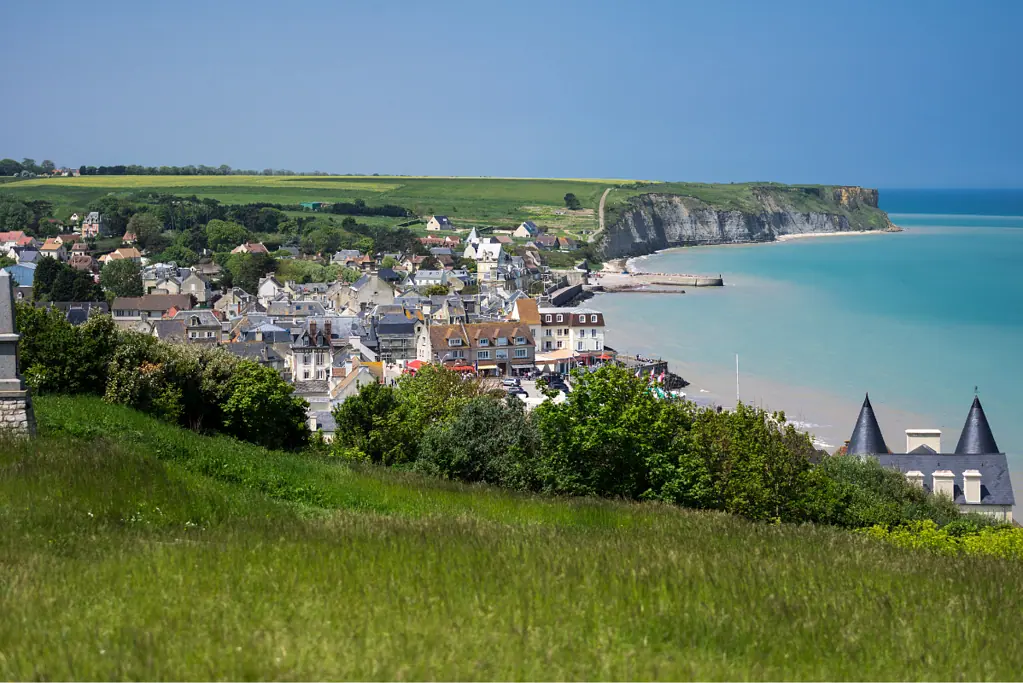 Image of the French town of Arromanches in vicinity of one of the former Normandy Mulberry harbor sites.