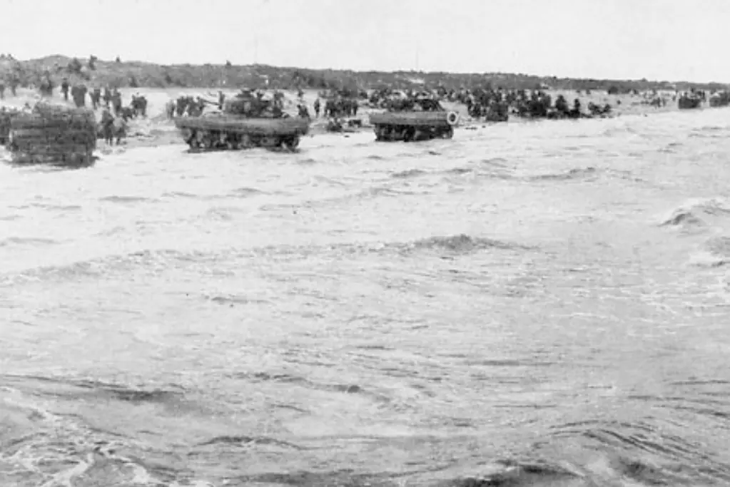 Image of DD Tanks coming ashore at Normandy during the D-Day invasion.