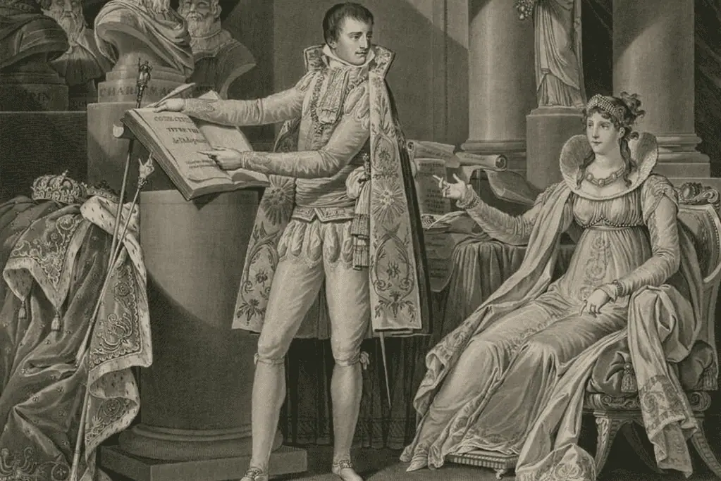 Image of an artist's rendition of Napoleon reviewing civil code with Josephine.