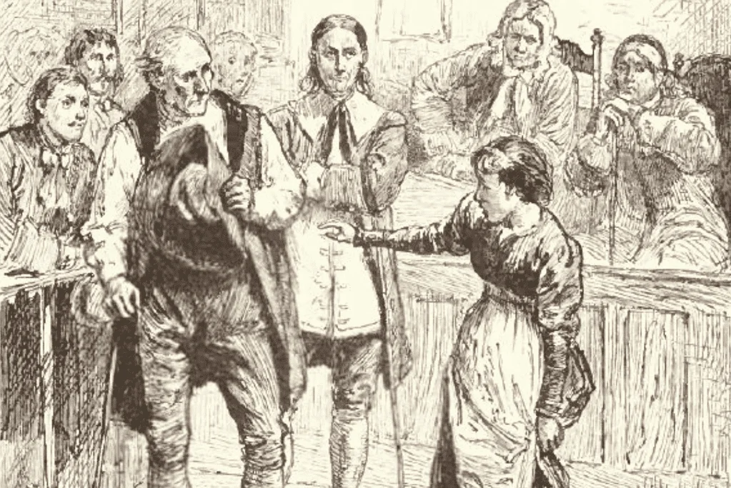 Accused Salem Witch Giles Corey on trial Image of Giles Corey during a witchcraft trial, a historical moment from the Salem witch trials, illustrating the complexity and gravity of the accusations.