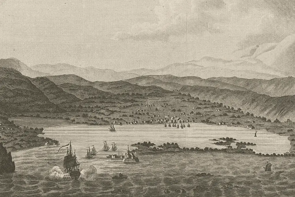 Image of an artist's depiction of Port Royal, Jamaica in the 17th century.