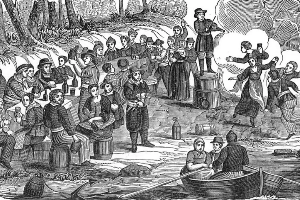 Image of an artist's depiction of the crews of Charles Vane and Calico Jack Rackham celebrating.