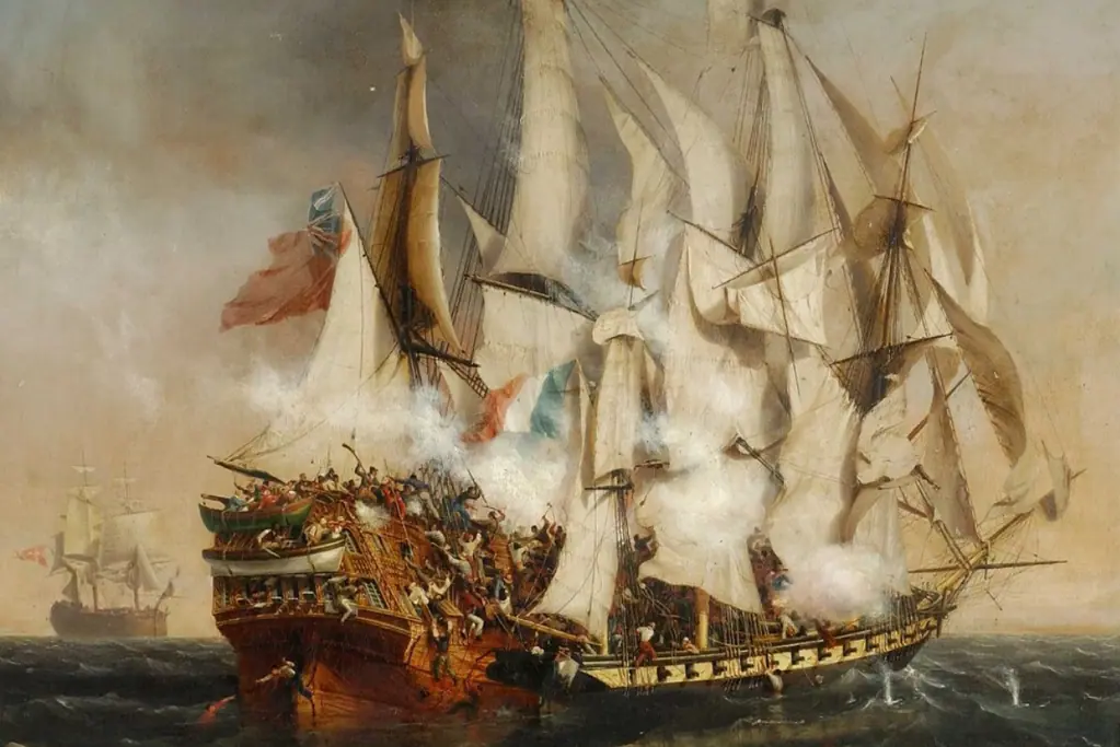 Image of the French privateer Confiance attacking the Kent for a blog post covering interesting facts about Charles Vane.