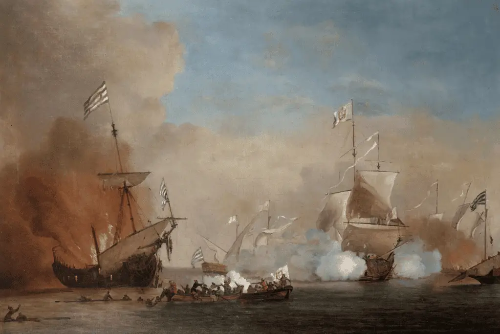 Image of a Dutch flagged ship under attack by pirates.