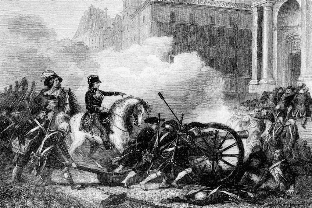 Image of an artist's rendition of Napoleon in combat against French revolutionaries in 1795 for a blog post covering 10 interesting facts about Napoleon.