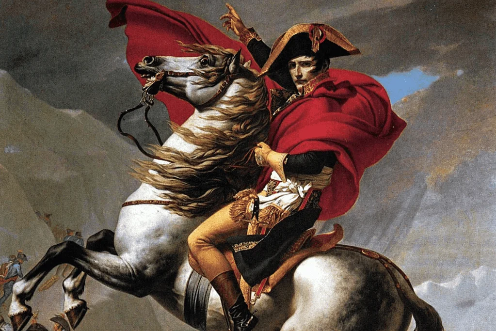 Image of an iconic painting of Napoleon on horseback.
