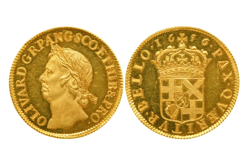 Image of a 1656 gold coin featuring the image of Oliver Cromwell.