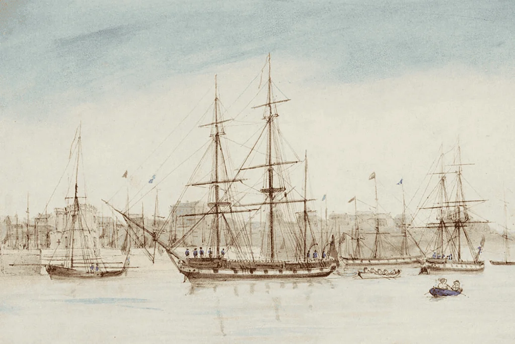 Image of a painting of the HMS Beagle in an Australian port
