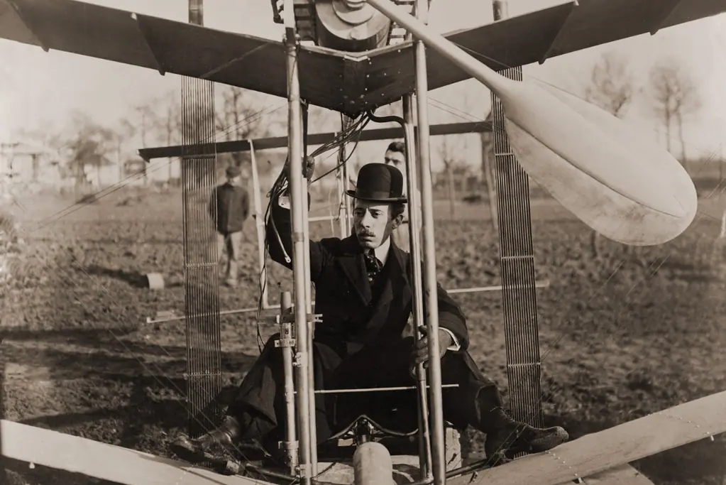 pioneers-of-aviation-alberto-santos-dumont Image of Brazilian aviation pioneer Alberto Santos-Dumont, preparing for flight.