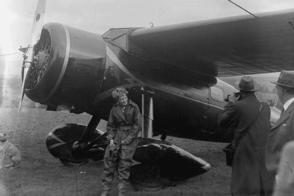pioneers-of-aviation-amelia-earhart Image of Amelia Earhart post-flight with her Lockheed Vega.