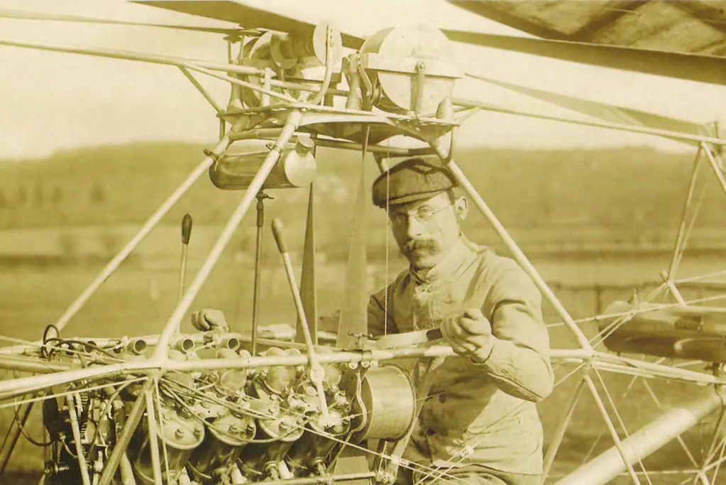 pioneers-of-aviation-paul-cornu Image of French engineer and aviation pioneer, Paul Cornu at the flight controls.