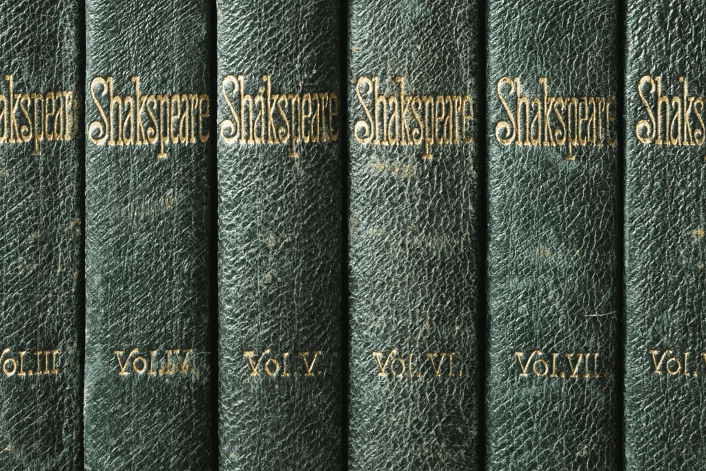 Image of numerous volumes of Shakespeares works for a blog post covering intriguing facts about William Shakespeare.
