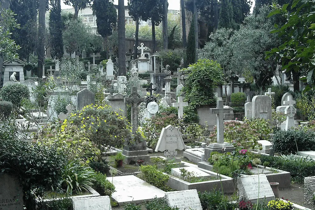 Image of Rome's 'Protestant Cemetery': Where poets rest, and pyramid meets pine.