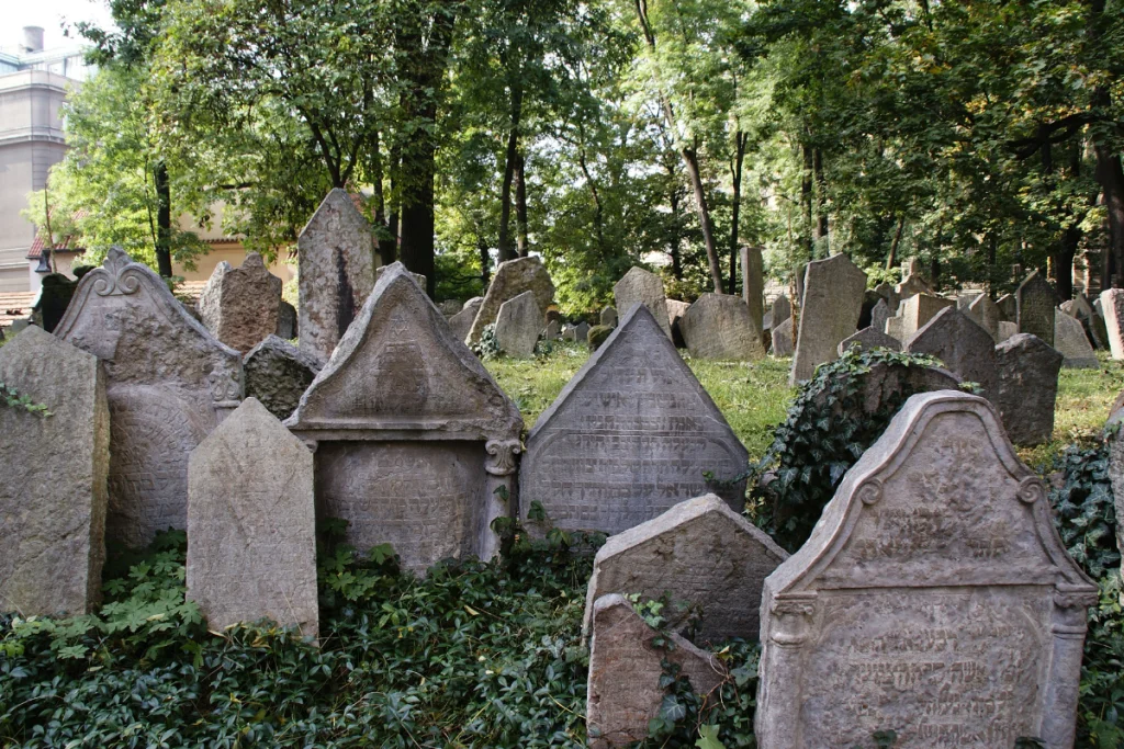 Image of ancient headstones at the Old Jewish Cemetery in Prague.