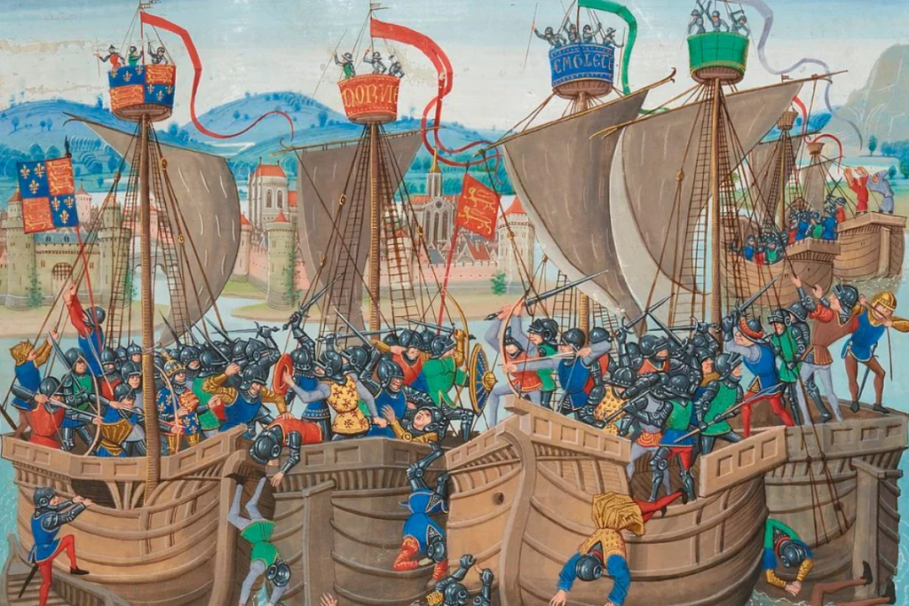Image of a medieval artist's rendition of the Battle of Sluys.