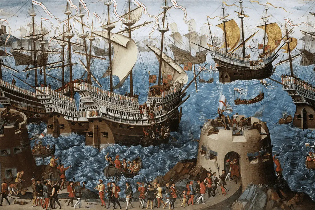 Image of apainting depiction Henry VIII boarding a ship.