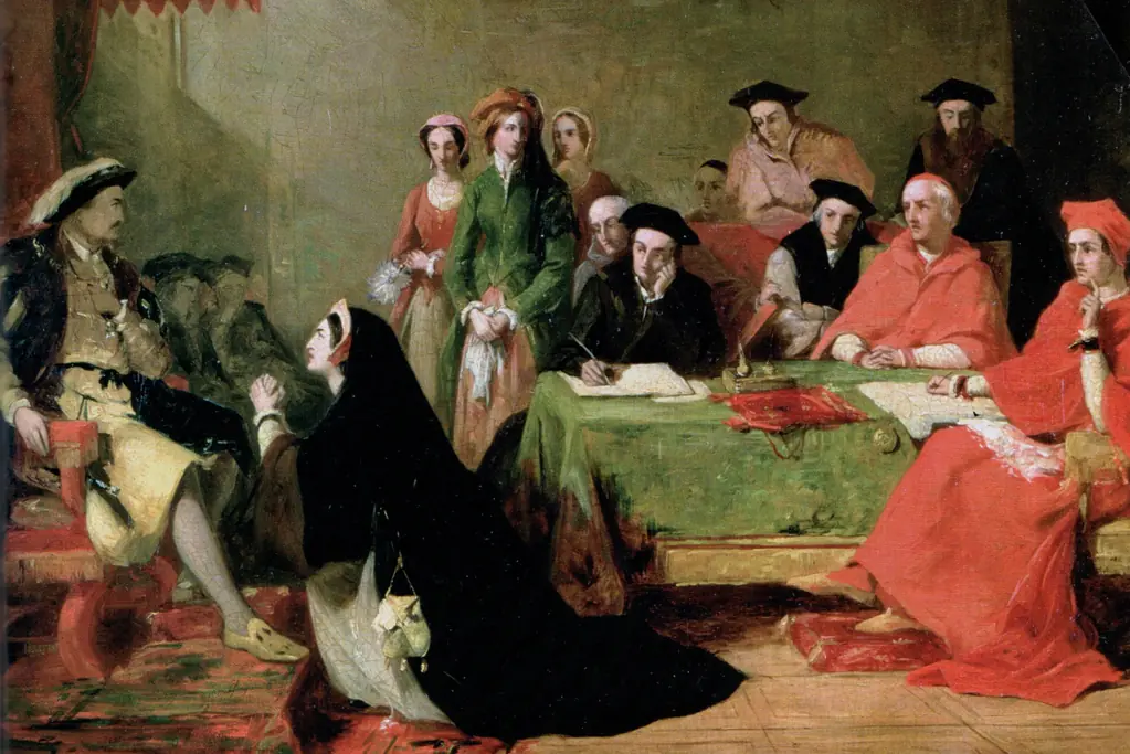 The Trial of Queen Catherine of Aragon Image of a painting of the trial of Catherine of Aragon for a blog post covering the six wives of Henry VIII.