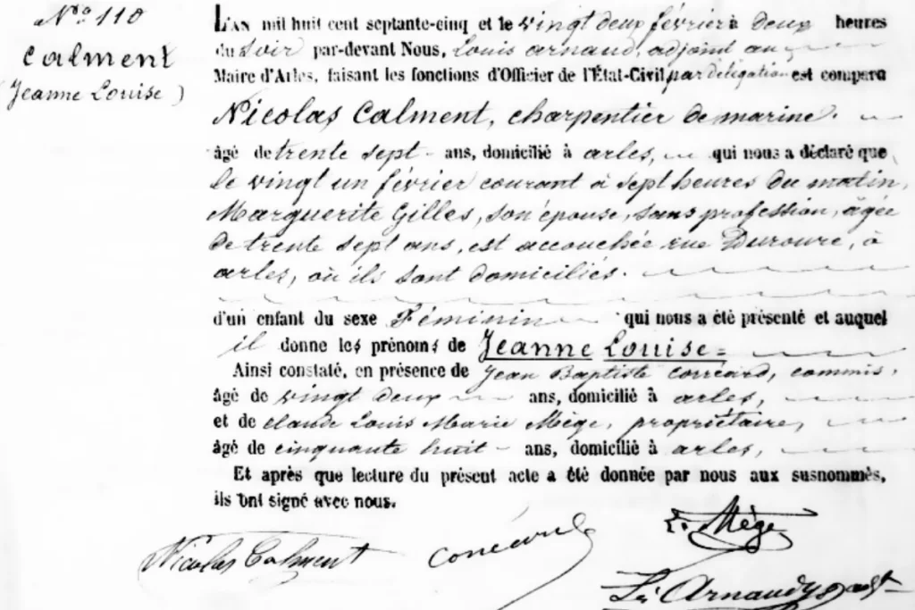 Image of the birth certificate of one of the world's oldest people to have ever lived, Jeanne Calment