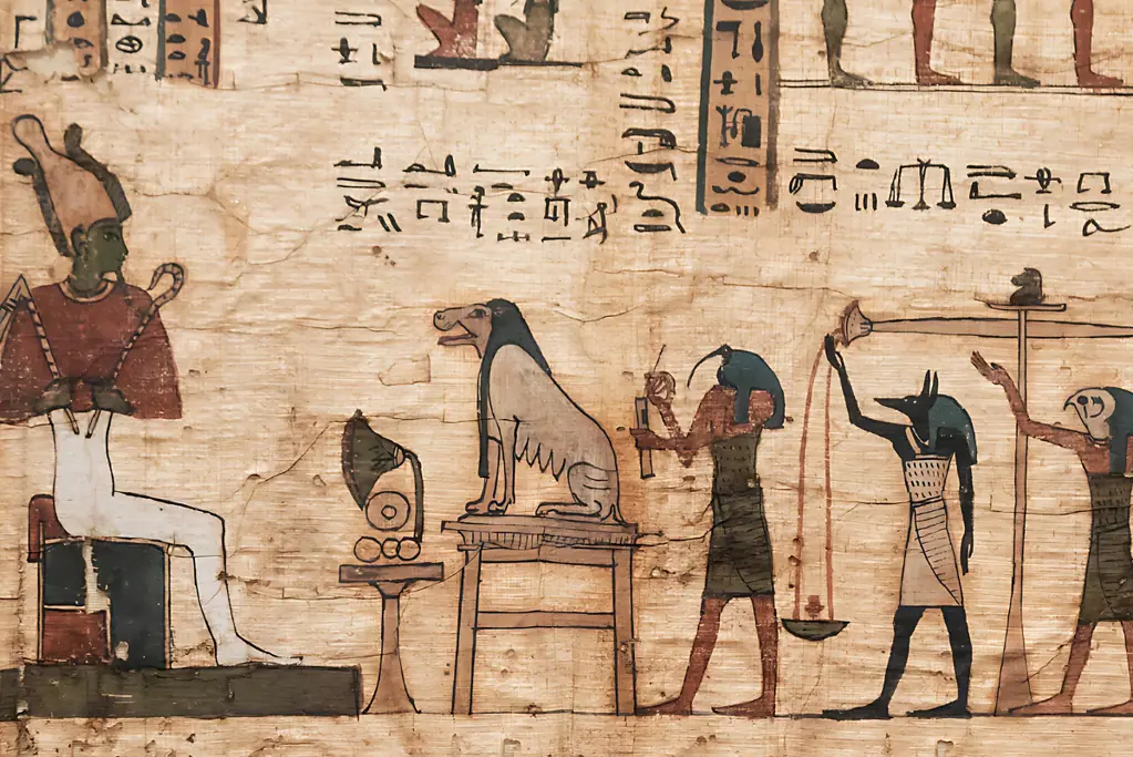 Image of key Egyptian gods and goddesses from the ancient Book of the Dead.