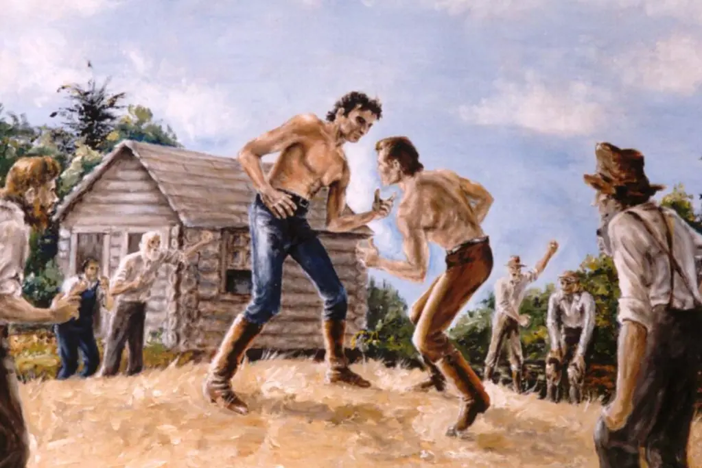 Image of an artist's rendition of Abraham Lincoln engaged in a wrestling match with an unnamed man for a blog post covering interesting facts about Abraham Lincoln.