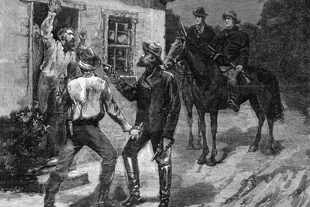 Image of Australian outlaw Ned Kelly taking a hostage for a blog post covering interesting facts about Ned Kelly.
