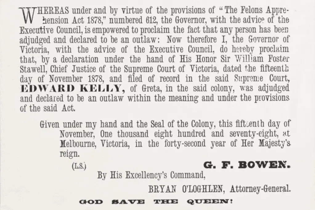 Image of a document that declared Ned Kelly an outlaw.