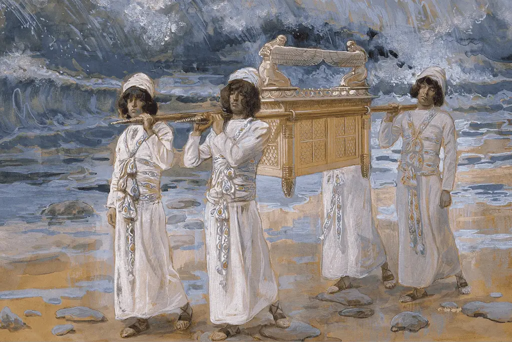 Image of four men carrying the Ark of the Covenant by the Jordan River.