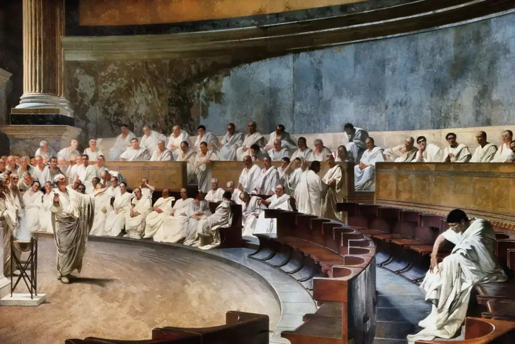 facts-about-cicero-speech-challenges Image of a painting of Cicero addresses the Roman senate for a blog post covering facts about Cicero.