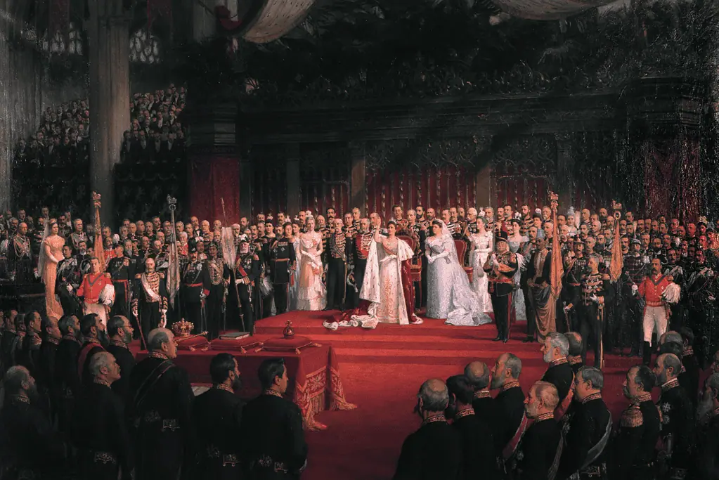 kings-and-queens-of-the-netherlands-wilhelmina Image of a painting of the inauguration of Queen Wilhelmina of the Netherlands.