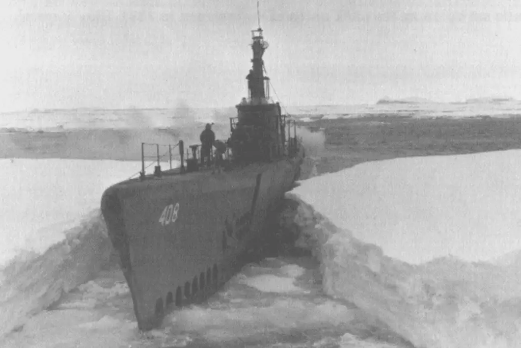 famous-expeditions-to-antarctica-operation-highjump Image of the surfaced USS Sennet during Operation Highjump, 1946-1947 for a blog post covering famous expeditions to antarctica.