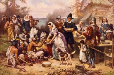 Image of a painting depicting the first thanksgiving for a blog post discussing what wasn't at the first Thanksgiving.
